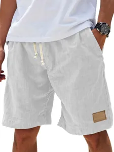 Close-up detail of men's casual linen-blend shorts featuring an elastic drawstring and pocket.