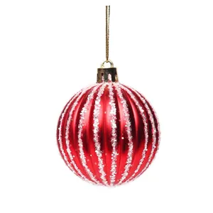 Palla di ornamento per albero di Natale rossa con strisce di glitter bianche, 6cm.