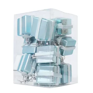 Blue mini gift box Christmas tree ornaments set of 12 pieces for holiday party window decor.
