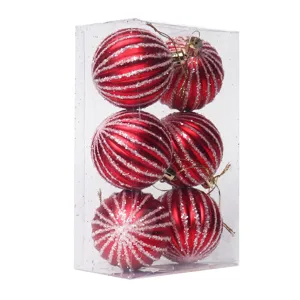 Set di 6 palline di Natale rosse con righe glitterate in plastica per albero.