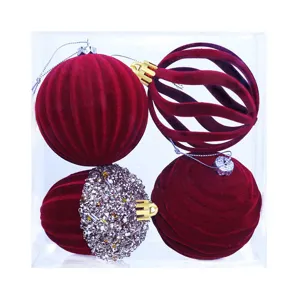 Bolas de Navidad flocadas burdeos juego de 4 adornos colgantes terciopelo árbol