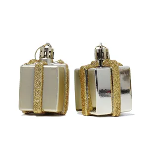 Christmas silver gift box hanging ornaments with gold glitter for tree decor 5cm set