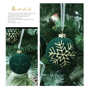 Bolas de navidad verde oscuro flocadas con copo de nieve brillante adorno arbol 6cm