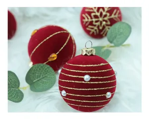 Bolas de Navidad de terciopelo rojo con rayas doradas para la decoración del árbol