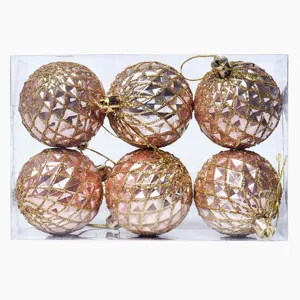 Christmas tree hanging plastic balls set of 6 pink glitter grid decorative ornaments