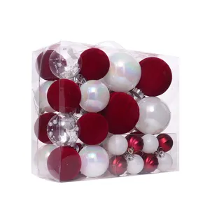 Weihnachtsbaumkugeln Set in Geschenkschachtel, rote Samt- und Perlmuttkugeln für Christbaum.