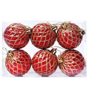 Christmas balls set of 6 red plastic glitter ornaments for tree holiday festive decoration 6cm