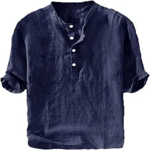 Men's casual navy blue linen short sleeve henley shirt, comfortable summer pullover top for daily.