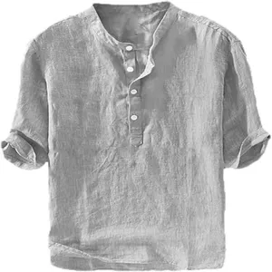 Men's summer short sleeve linen shirt casual loose henley button pullover top grey color.