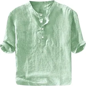 Men casual linen short sleeve shirt detail view, breathable fabric, loose summer fit.
