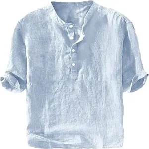 Light blue linen shirt fabric detail, short sleeve lightweight summer casual pullover.