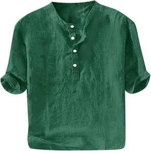 Men casual linen short sleeve shirt summer loose pullover henley top design new