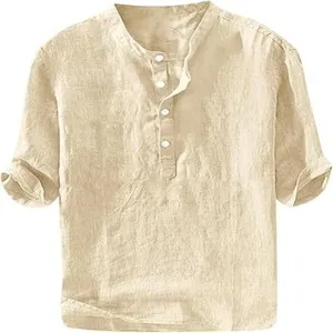 Men casual short sleeve linen shirt summer solid color breathable pullover top comfortable outfit