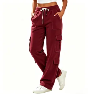 Women's Casual Cotton Linen Cargo Pants Multi-Pocket Drawstring Loose Sweatpants Solid Color High Waist Daily Long Trousers
