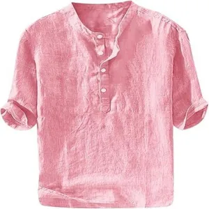 Men's pink linen short sleeve casual henley shirt summer breathable comfortable pullover top