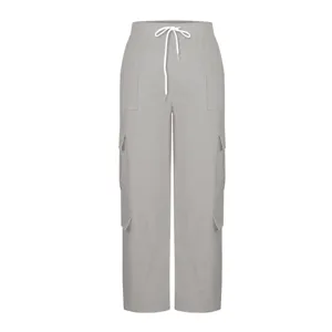 Grey casual cargo pants for women with drawstring and multi pockets, stylish daily wear detail.