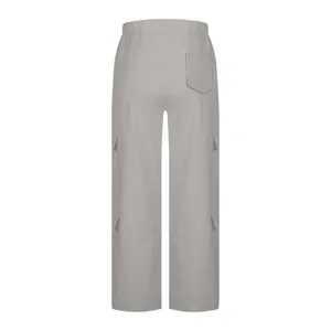 Detailed view of grey women's casual cargo pants featuring multi-pocket design and straight fit.