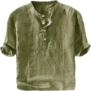 Men linen short sleeve shirt detail view, breathable summer casual pullover top design.
