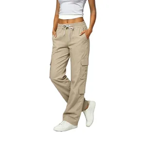 Detailed view of women's casual cargo pants featuring multiple functional pockets and drawstring.