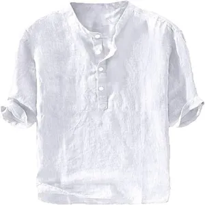Men casual linen shirt short sleeve detail view, breathable summer pullover top design.