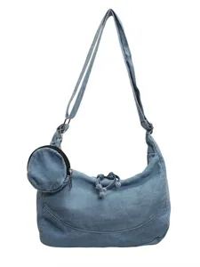 Casual denim hobo crossbody bag for women with small coin purse and zipper pocket design.
