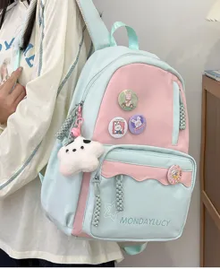 Süßer pastellblauer rosa Schulrucksack große Kapazität kawaii Buchtasche mit Plüschanhänger.