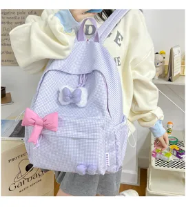 Süßer karierter Rucksack für Schüler, leichter lässiger Schulranzen mit Schleifen.