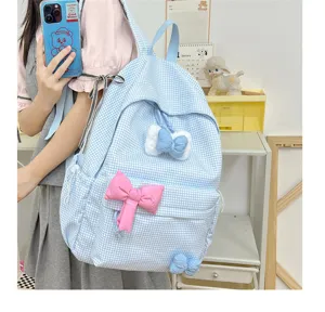Hellblauer Karomuster Schulrucksack für Mädchen süßer Stil lässiger Alltagsrucksack mit Schleife