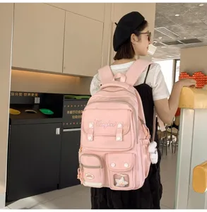 Rosa Schulrucksack im koreanischen Stil mit mehreren Fächern, trendiger Tagesrucksack.
