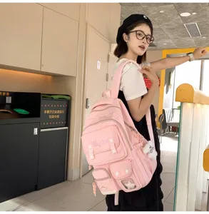 Rosa koreanischer Stil Multi-Pocket Studenten Rucksack, Suesse College Stil Tasche fuer Maedchen.