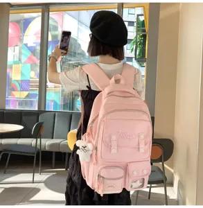 Rosa Segeltuch Schulrucksack mit mehreren Fächern süßer Bär Anhänger lässige Alltagstasche