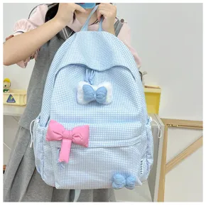 Hellblauer Karo-Schulrucksack für süße Mädchen, leichte Schultasche mit schönen Schleifen.