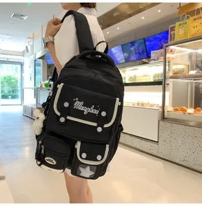 Koreanischer Stil Mehrfächer Damen Rucksack Schultertasche Schwarze Schultasche