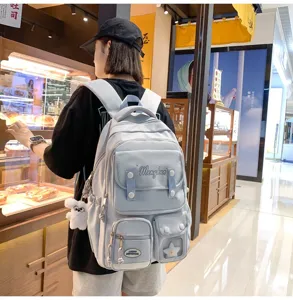 Hellblauer Schulrucksack für Damen, koreanischer Stil, Mehrfächer lässiger Tagesrucksack.