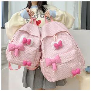 Süßer rosa Karierter Schulrucksack für Mädchen, leichter Reiserucksack mit 3D Schleifen.