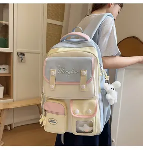Detailansicht eines pastellfarbenen Schulrucksacks mit vielen Fächern und Plüschanhänger.
