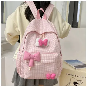 Rosa karierter Schulrucksack für Mädchen, niedliche Freizeittasche mit Plüschschleife.