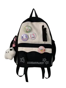 Lässiger schwarz-weißer Canvas Rucksack süße Kaninchen Abzeichen Schulranzen groß