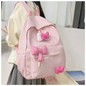 Rosa karierter Schulrucksack für Mädchen, süße leichte Schultasche mit niedlichen Schleifen.