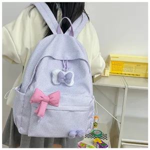 Niedlicher Karomuster Schulrucksack fuer Maedchen lila Freizeittasche mit Schleife