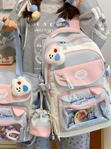 Süßes farbblockierendes Schulrucksack-Set für Mädchen, süße Ita-Bag mit Sichtfenster.