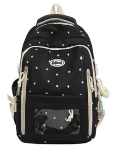 Schwarzer Sternen-Schulrucksack mit transparenter Fronttasche und vielen Fächern für den Alltag.