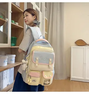 Süßer pastellfarbener Multi-Pocket-Schulrucksack für Pendler süße große Kapazität Tasche