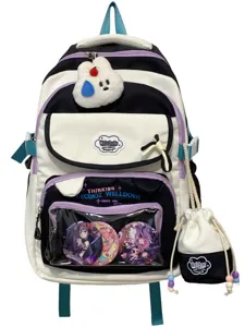 Farbblockierte Ita-Rucksack-Set mit transparenter Vordertasche, süßer Schulstil für Mädchen.