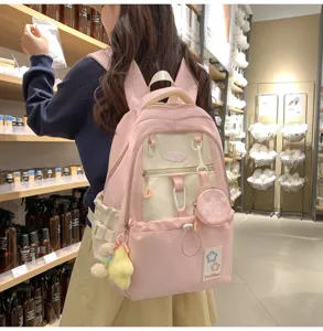 Süßer rosa College-Stil Rucksack für Mädchen mit Farbblock Design und praktischer Tasche