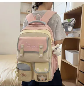 Hübscher pastellfarbener Schulrucksack mit vielen Fächern für Mädchen, süßer College Rucksack.