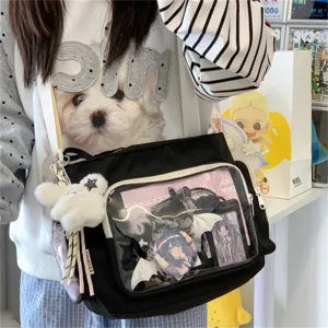 Japanische Canvas Ita Tasche mit Sichtfenster, süßem Hasenanhänger für den Alltag.