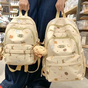 Süßer Cartoon Bär Druck Canvas Schulrucksack für Mädchen lässige Tagesreisetasche