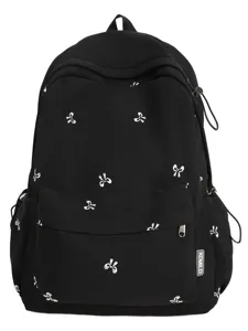 Schwarzer Schulrucksack mit süßen weißen Schleife Prints, leichter lässiger Tagesrucksack.