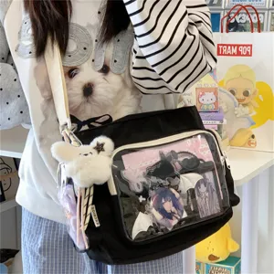 Japanische ins süße Ita-Tasche schwarze Umhängetasche mit transparentem Fenster und Charms.